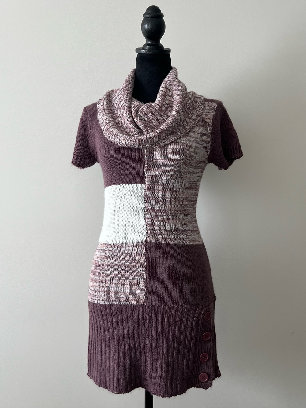 Patchwork Cowl Neck Sweater Dress Knut/ Crochet - Plum/White